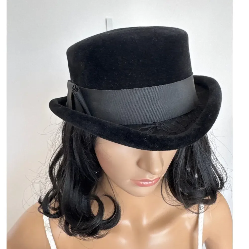 Vintage 50's French Black Velvet Cocktail Hat with Ribbon band retro veil style